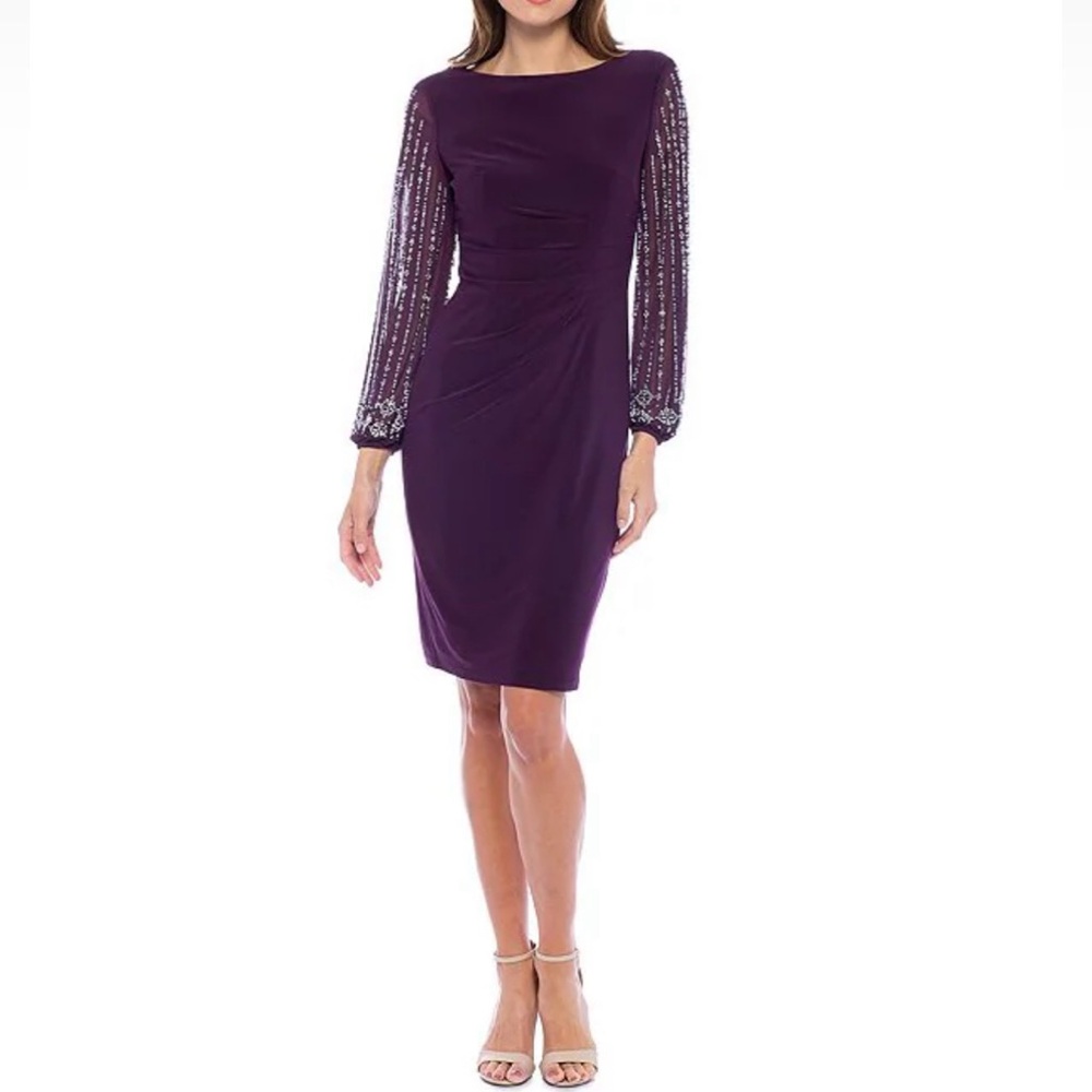 Marina round neck beaded lace sheath dress - eggplant purple size 6